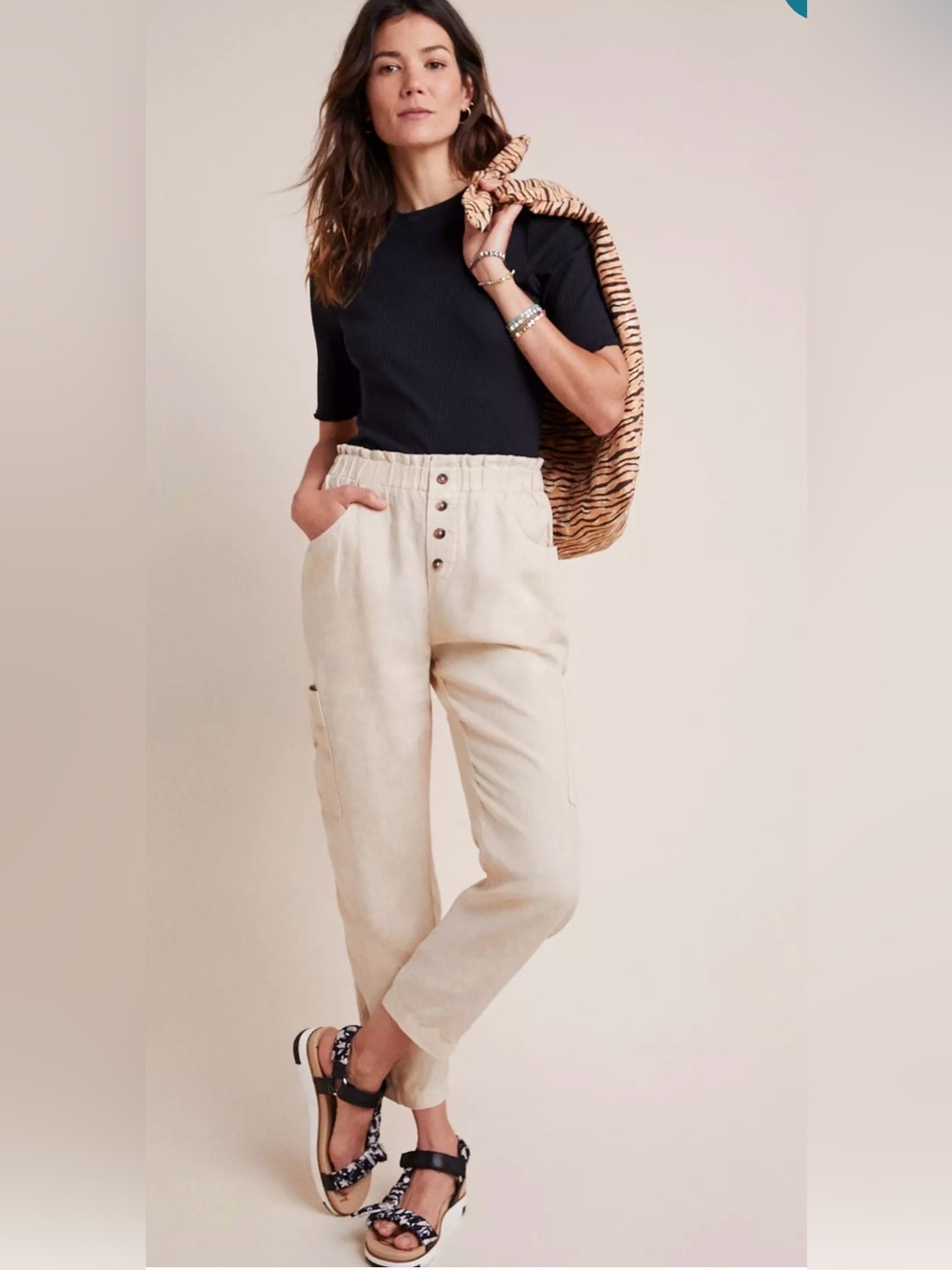Cream High-Waist Button-Front Cargo Joggers